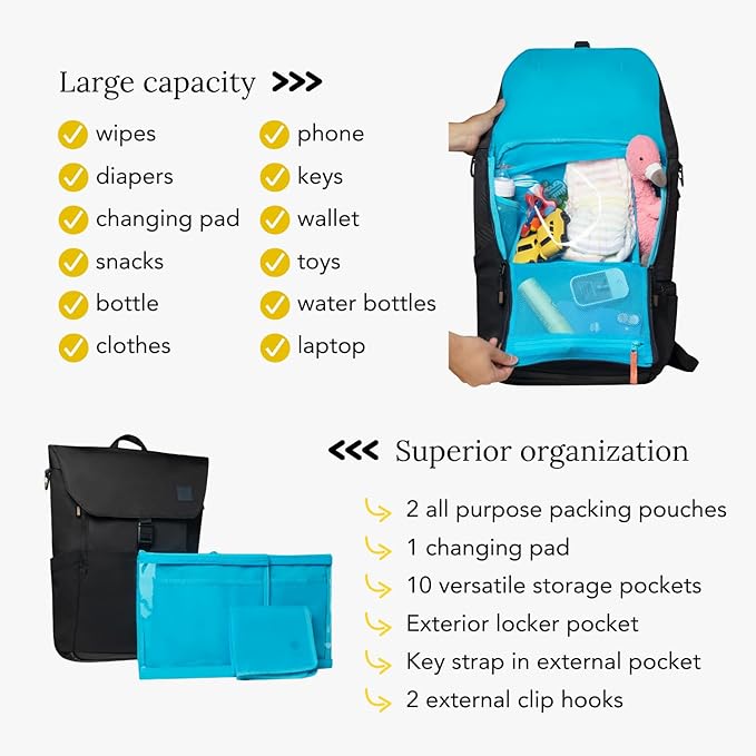 Huhu Diaper Bag Backpack – Large Baby Bag for Moms & Dads – Water-Resistant, Unisex Travel Kit for New Parents – Includes Changing Pad and 2 Organizer Pouches (Midnight Black)