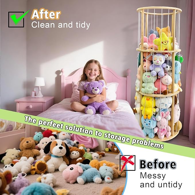 Rotatable Wooden Stuffed Animal Storage with Turntable and Elastic Band, Extra Large Capacity Plush Toy Cage, Wooden Cute Zoo Toy Holder for Toddler Rooms, Playrooms & Bedrooms