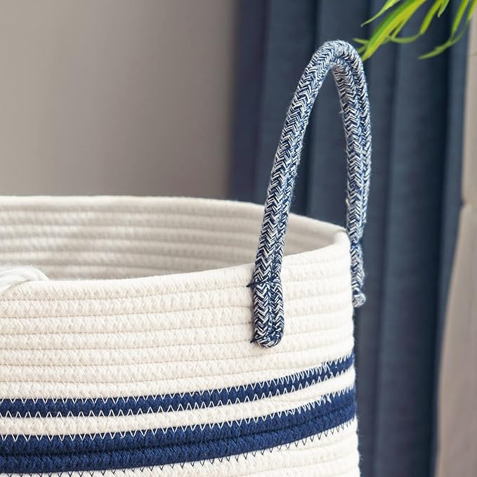 YOUDENOVA Woven Rope Laundry Hamper Basket, 72L Tall Laundry Basket, Baby Nursery Hamper for Blanket Storage in Bedroom-Large-Blue