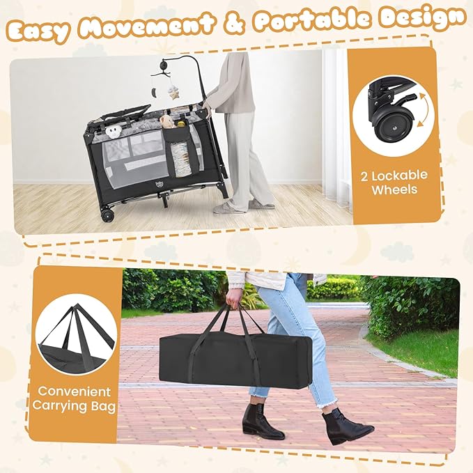 BABY JOY 3 in 1 Pack and Play, Portable Baby Playard with Bassinet, Changing Table, Lockable Wheels, Glowing Music Box, Travel Baby Crib Bassinet Bed from Newborn to Toddler