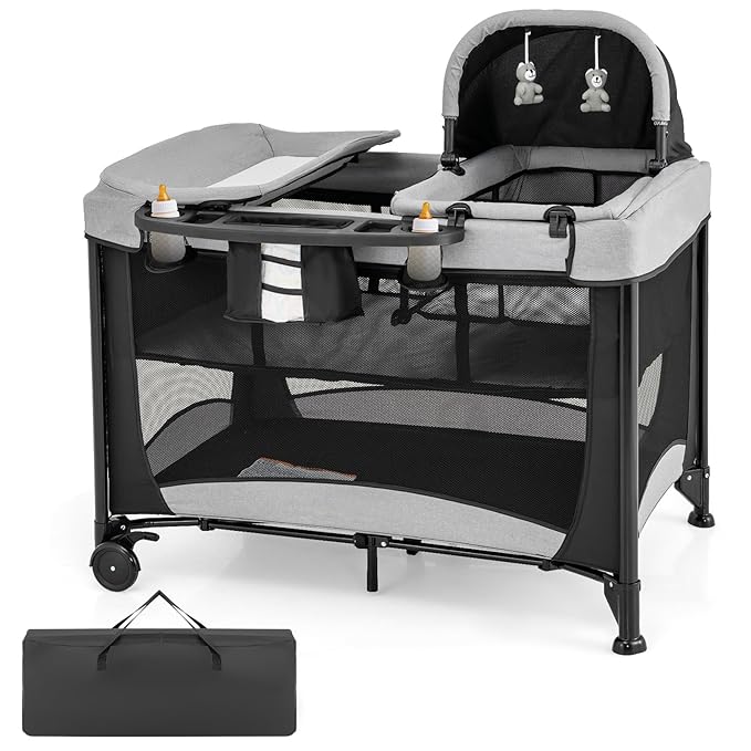 HONEY JOY Pack and Play with Bassinet, 5 in 1 Portable Baby Playard w/Changing Table, Removable Infant Full-Size Bassinet & Mattress, Diaper Storage Bag, Foldable Newborn Nursery Center w/Carry Bag