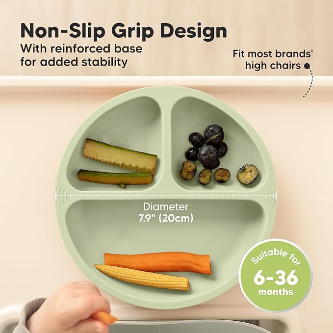 KeaBabies Suction Plates for Baby, Toddler - 3-Pack 100% Silicone Toddler Plates with Suction, Divided, BPA-Free Baby Led Weaning Essentials for Kids, Dishwasher, Microwave Safe, Durable (Sage)
