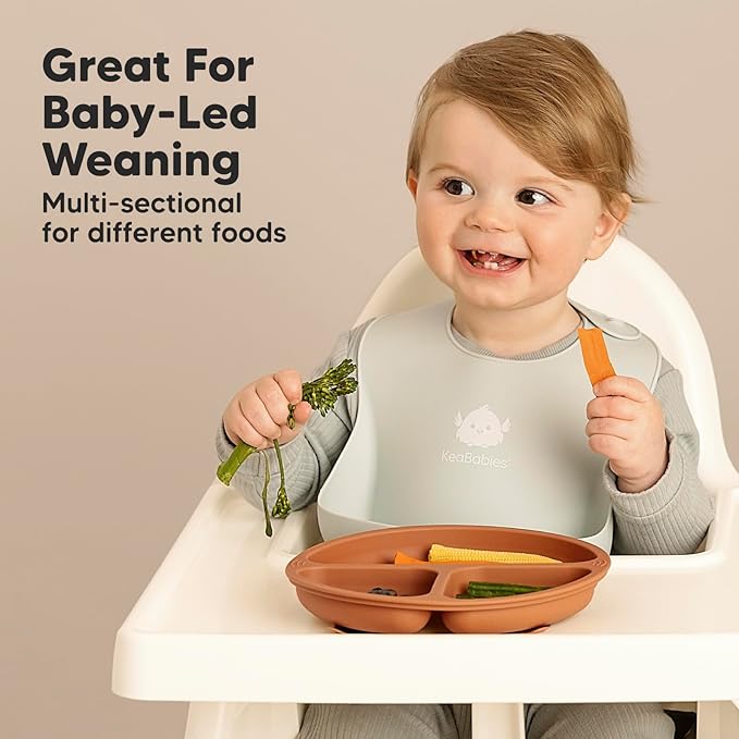 KeaBabies Suction Plates with Lids for Baby - 3-Pack 100% Silicone Toddler Plates with Suction, Divided, BPA-Free Baby Led Weaning Essentials for Kids, Dishwasher, Microwave Safe, Durable (Terracotta)