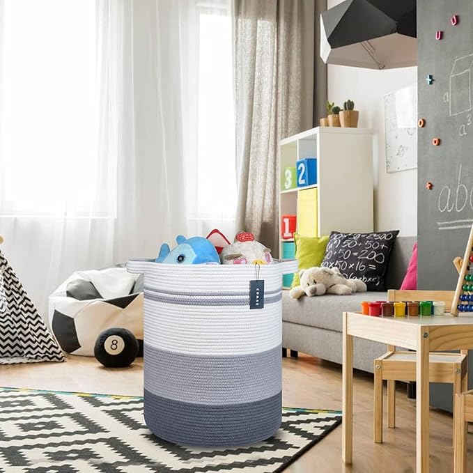 COMSE Extra Large Blanket Basket, Tall Laundry Basket, Nursery Hamper, 15.7”x 21.7”, Cotton Rope Woven Laundry Hamper for Storage Toys Clothes Towels, Gradient Gray