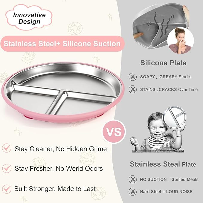 Stainless Steel Toddler Plates Silicone Suction,3 Packs Non-Slip Baby Plates,Divided Portion,Food-Grade Silicone Plate for Kids,LEAD-FREE Dishwasher Safe, Green Blue Pink