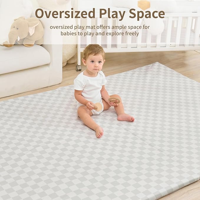 Large Vegan Leather Baby Play Mat for Floor,1.3"Thick Foam 59x82 Foldable Waterproof Kids Play Mat,Stylish and Just Wipe-Clean Playmat for Baby Play on Floor (Grey Checker)