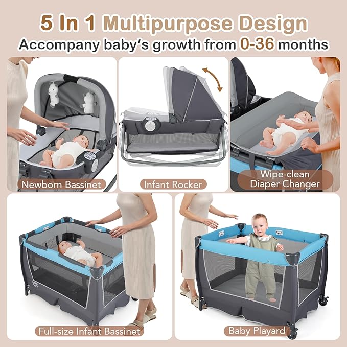 HONEY JOY Pack and Play, 5 in 1 Portable Infant Playpen with Bassinet & Changing Table, Storage Bag, Music Box, Toys, Carry Bag, Nursery Center, Baby Playard Pack n Play Crib for Boys Girls