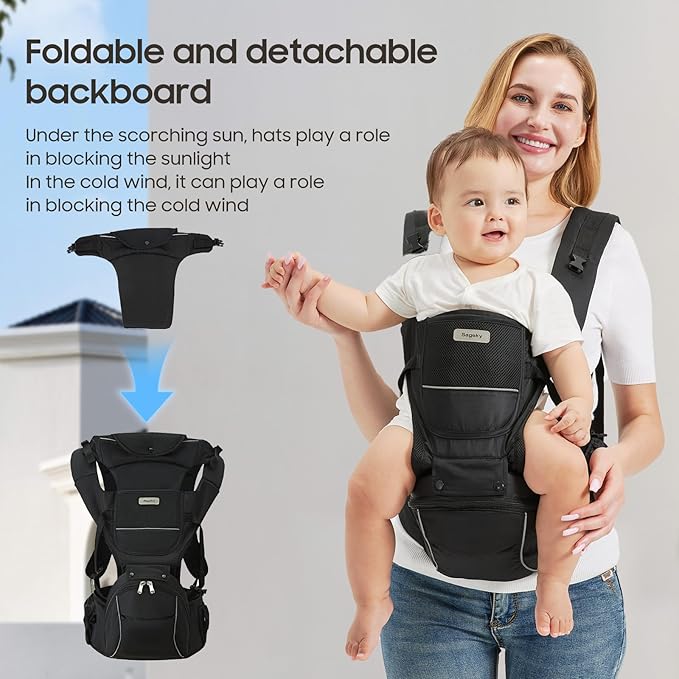 2-in-1 Baby Carrier Hip Seat - Front Back Hip Carry - Ergonomic M Seat Posture - Breathable Mesh - Newborn to Toddler 5-45 lbs (Black)