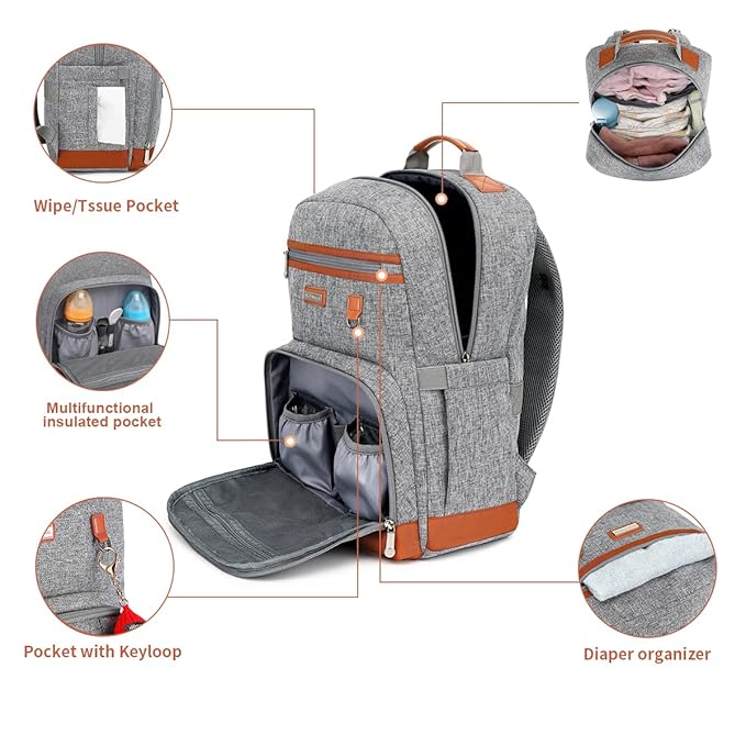 Diaper Bag Backpack, Large Baby Nappy Bags with Portable Changing Pad for Boys and GirlsMultifunction Travel Baby Bag for Moms Dads, Shower Gifts Waterproof and Stylish,Grey