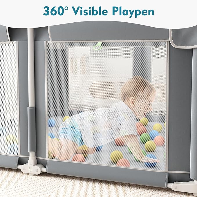 Foldable Playpen for Babies and Toddlers, 51" Portable Play Pen with Mat and Ocean Balls, Play Yard with with Visible Mesh for Inddor and Outdoor, No Assembly Required, Dark Gray