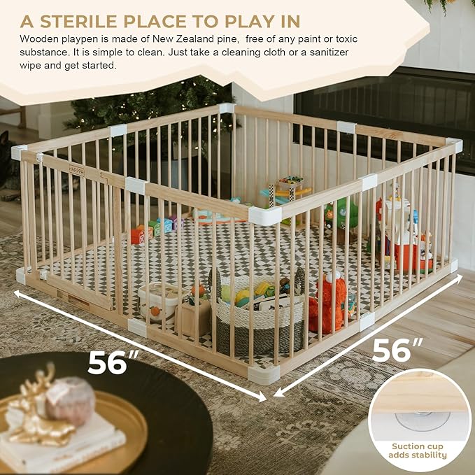 HARPPA Baby Gate Playpen for Babies and Toddlers Wooden Playpen Large Baby Fence Play Yards for Play Area (56x56x24 inches)