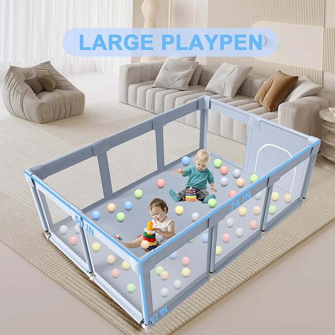 Baby Playpen Baby Playard Large playpen 74 x 50 inch, Playpen for Babies and Toddlers with Gate, Safety Baby Activity Center for Indoor & Outdoor