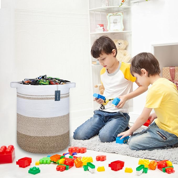 COMSE Extra Large Blanket Basket, Tall Laundry Basket, Nursery Hamper, 15.7”x 21.7”, Cotton Rope Woven Laundry Hamper for Storage Toys Clothes Towels, Gradient Brown