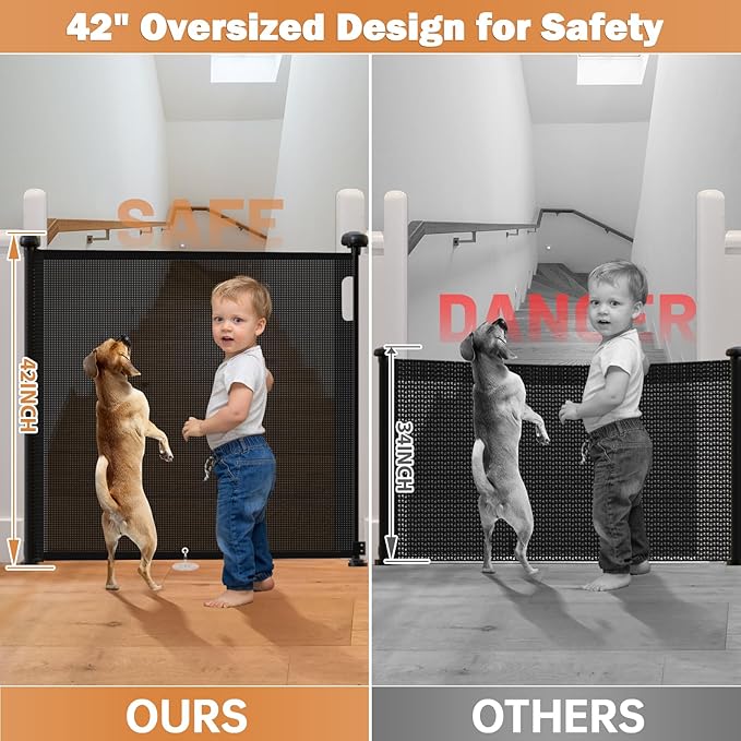 120" Extra Wide Retractable Baby Gates Mesh Gate, Long Retractable Dog Gate for Large Opening, 42" Extra Tall Child Safety Gate Pet Gate with Support Rods for Stairs Hallways Doorways Indoor Outdoor