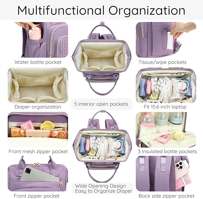 AIJIEKE Diaper Bag, Large Wide-Open Baby Diaper Backpack, Multi-functional Baby Travel Tote Bag, Diaper Bag with Changing Pad, Diaper Bags for Mom & Maternity (Purple)