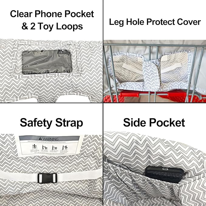 Soft Pillow Attached 2-in-1 Shopping Cart and High Chair Cover for Baby, Cotton Padded Cart Cover, Fold'n Roll Style, Portable with Carry Bag (Gray Chevron)