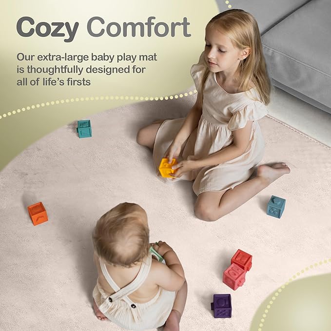 Baby Play Mat for Floor - 1.3” Thick Memory Foam, 59" x 79" Large Crawling Mat for Infant & Toddler, Soft Non-Toxic Crawling Mat, Easy to Clean, Non-Slip Reversible Design - (Beige Cream)