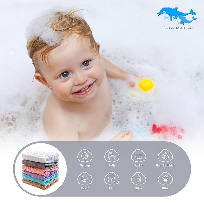 SWEET DOLPHIN 12 Pack Baby Muslin Washcloths - Soft Face Cloths for Newborn, Absorbent Bath Wash Cloths, Wipes, Burp Rag - Toddlers Essentials Stuff, Baby Registry as Shower -10"x10", Multicolor