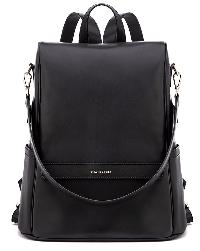 MIA + SOPHIA Leather Diaper Bag Backpack with USB Charging port, Changing Pad, Stroller Straps (Black Mia)