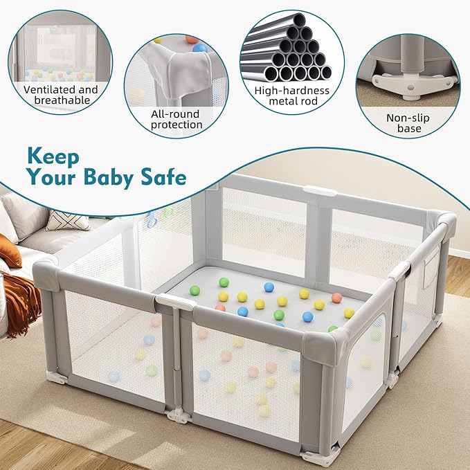 Foldable Baby Playpen, 51" Playpen for Babies and Toddlers with Mat Ocean Balls and Pull Links, Play Pen with Soft Breathable and Visible Mesh, Indoor and Outdoor Portable Play Pen, Gray