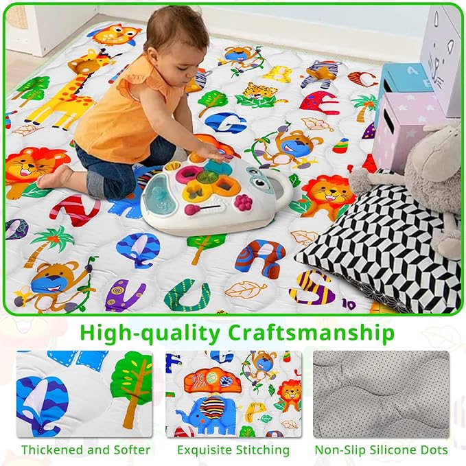 Baby Gyms Playmats for Playpen, 50"×50" Safari Zoo Alphabet Play Mat Waterproof ABC Learning Mat Jungle Themed Nursery Floor Playyards Thicken Soft Polyester Padding for Toddlers Infants