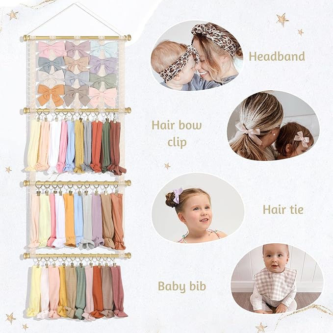 POVETIRE Headband Holder Hair Bows Organizer for Girls,Baby Headbands Hair Accessories Organizer Storage Headband Wall Hanging Decor for Nursery Toddler Girls Room