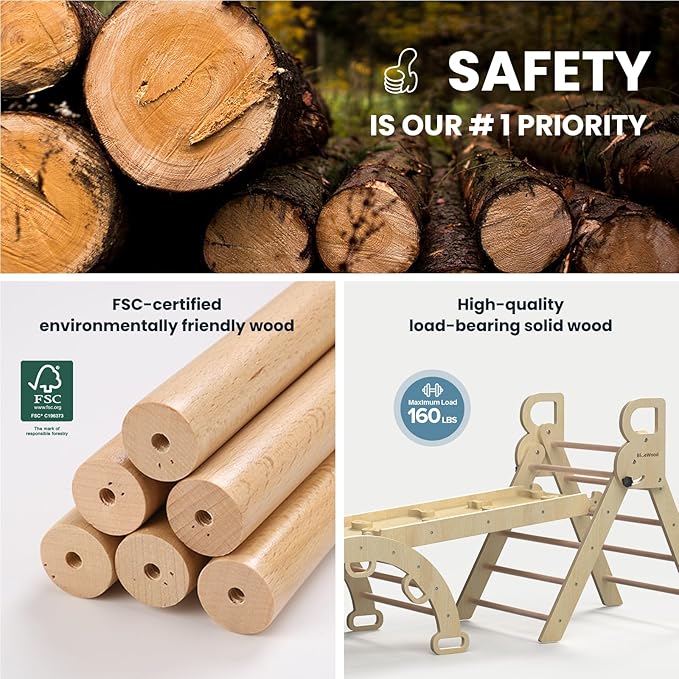 BlueWood Pikler Triangle Set 7-in-1 Foldable Baby Climbing Wooden Toys with Arch&Ramp&Ladder Climber Indoor Jungle Gyms for Toddlers - Natural Wood