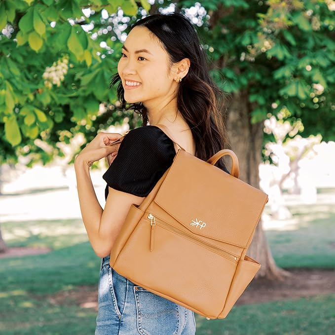 Freshly Picked Mini Classic Diaper Bag Backpack, Wipeable Vegan Leather Diaper Backpack, 8 Pockets (Butterscotch Tan)