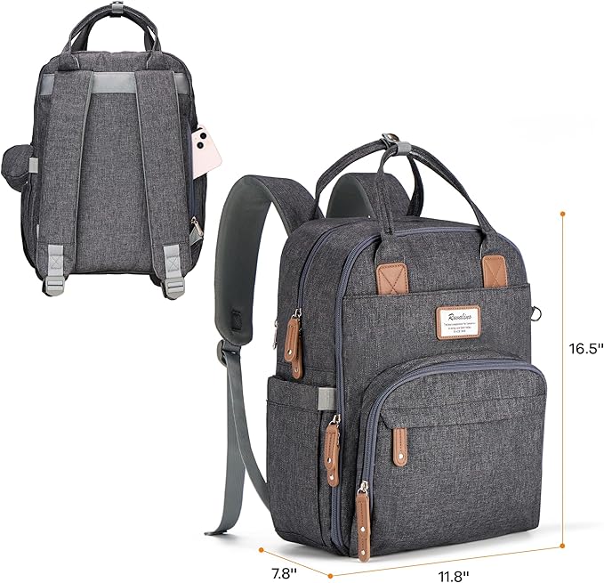 RUVALINO Diaper Bag Backpack, Multifunction Travel Pack Maternity Baby Changing Bags, Large Capacity, Waterproof, Dark Gray