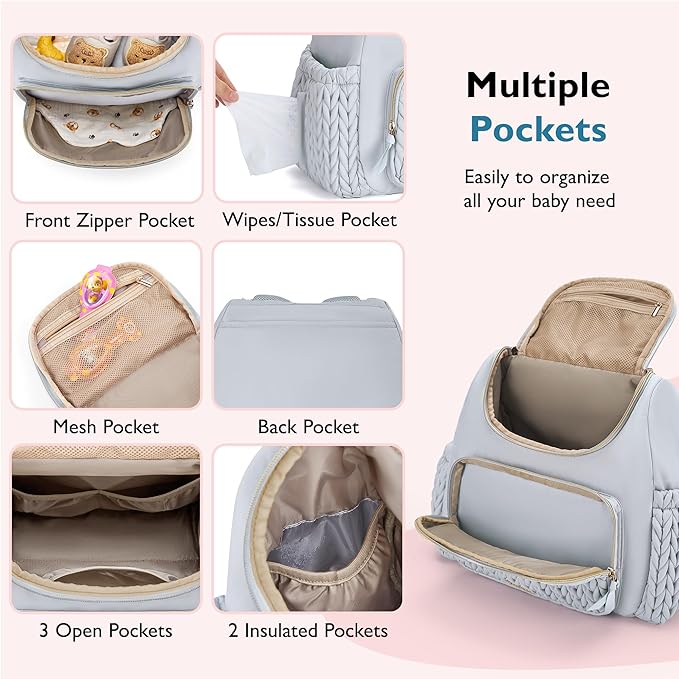 mommore Diaper Bag Small Diaper Backpack Stylish Baby Travel Backpacks with Insulated Pockets, Changing Pad, Stroller Straps