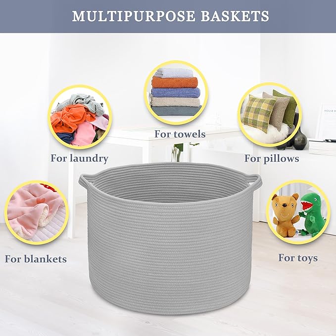 Extra Large Blanket Basket 87L, Laundry Hamper, Baby Nursery Hamper for Storage Toys Clothes Towels, Large Cotton Rope Laundry Basket for Girls Boys, 22”x 14”, Light Gray