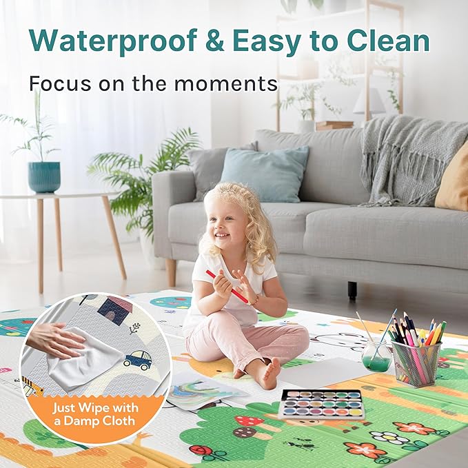 Foldable Baby Play Mat, Extra Large, Non-Toxic, Waterproof Activity Playmats for Babies, Education for Infant, Non-Slip Double Sided (79”x71” 0,4in Olive) boy and Girl