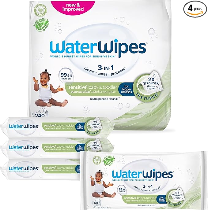 WaterWipes Textured Clean, Toddler & Baby Wipes, 99.9% Water, 3-In-1 Cleans, Cares, Protects, Unscented & Hypoallergenic, 240 Count (4 Packs), Packaging May Vary