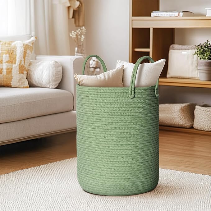 Large Green Laundry Basket, 15"x18" Tall Woven Cotton Rope Bin for Blankets Clothes, Baby Nursery Laundry Hamper, Kids Toy Storage Bin, Green Living Room Bedroom Decor Baskets for Organizing