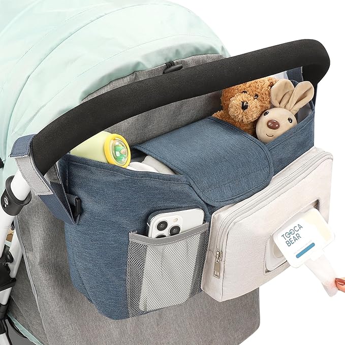 Accmor Universal Stroller Organizer with Insulated Cup Holder, Stroller Caddy Bag Accessories, Stroller Cup Holder Organizer for Uppababy Baby Jogger Britax Stroller, Blue