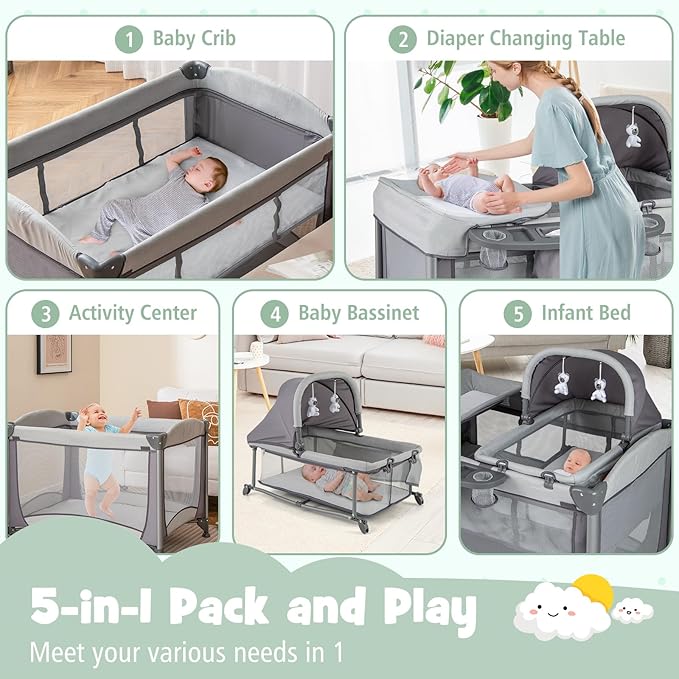 HONEY JOY Pack and Play with Bassinet, 5 in 1 Portable Baby Playard w/Changing Table, Removable Infant Full-Size Bassinet & Mattress, Diaper Storage Bag, Foldable Newborn Nursery Center w/Carry Bag