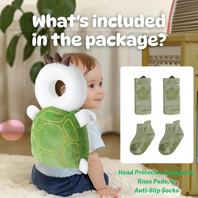 Baby Head Protector Backpack (9 to 24 Months) - Cute Head Guard Pillow with Knee Pads and Socks, Crawling and Walking Safety Set, Toddler Head Cushion Backpack, Green Turtle