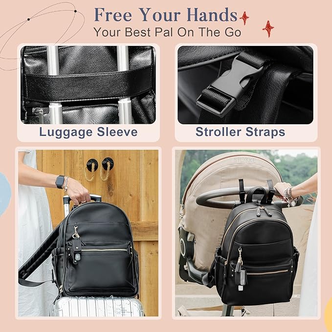 miss fong Diaper Bag Backpack Leather Diaper Bag, Baby Diaper Bag for Baby, 16 Pockets with Hand Sanitizer Holder, Changing Pad, 2 Insulated Pockets(Black)