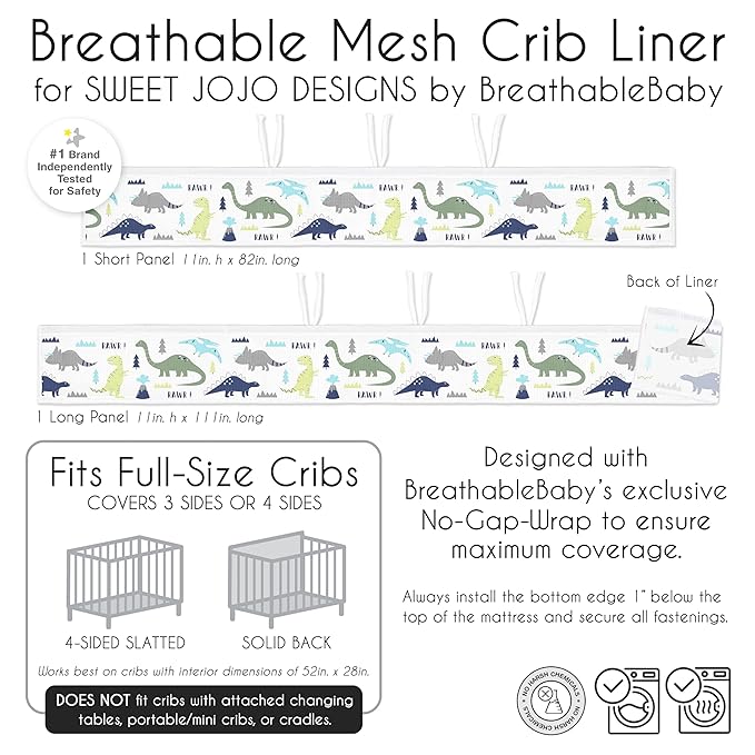Sweet Jojo Designs + BreathableBaby 2-Piece Breathable Mesh Crib Liner Set (Blue/Green Modern Dinosaur) for Boys, Baby, Infants/Newborn Nursery (Mod Dino, Dinosaurs, Prehistoric, Boho, Bohemian)