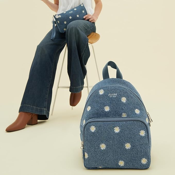 JuJuBe Mini Diaper Bag Backpack, Machine Washable Travel Backpack w/Adjustable Straps & 2 Pockets for Baby Bottles, Diapers, Pacifiers, Snacks, Changing Pad & Daily Essentials, Denim & Daisies (Blue)