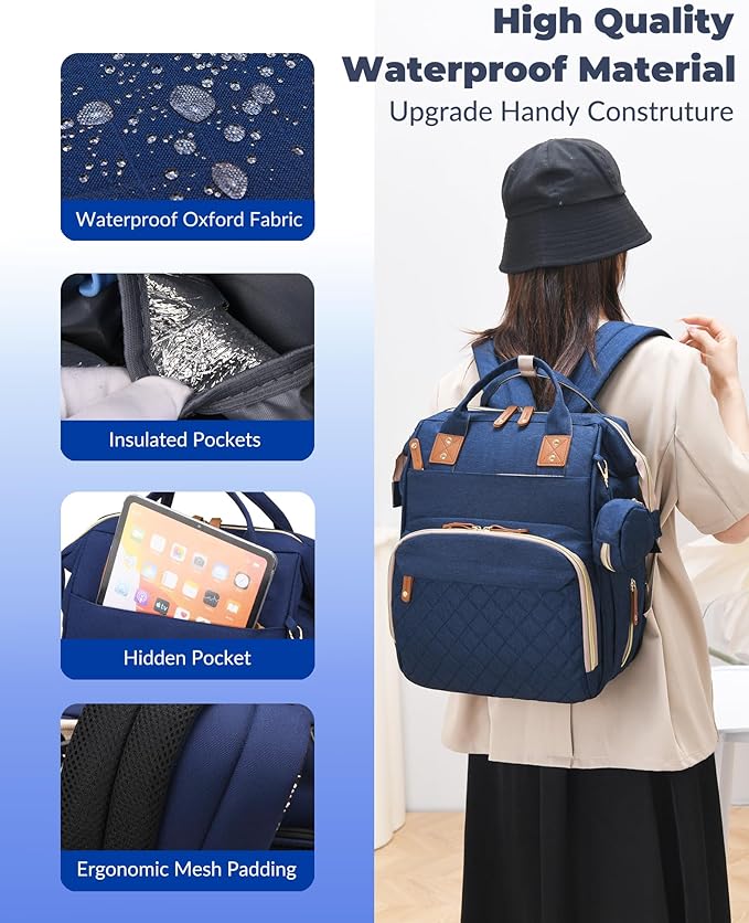 Diaper Bag with Changing Station, Waterproof 3 in 1 Baby Diaper Backpack with Foldable Changing Pad, Large Travel Back Pack for Baby Girl Boy, Baby essentials, Blue