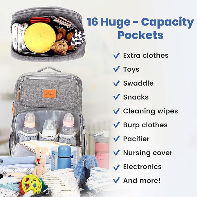 PILLANI Baby Diaper Bag Backpack - Large Bag for Boys & Girls, Waterproof Diaper Backpack - Travel Diaper Bags w/Changing Pad, Baby Registry Search & Shower Gifts - Essentials Must Haves Newborn Stuff