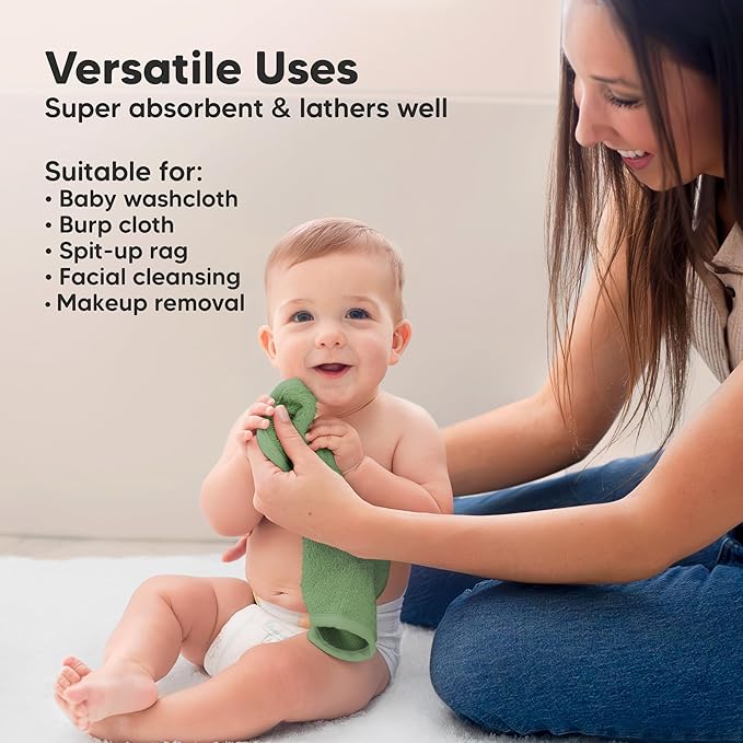 6-Pack Soft Baby Washcloths, Viscose from Bamboo - Kids, Newborn Bath Towels, Infant Shower, Toddler Reusable Face Towel, Gentle on Skin, Face Wash Cloths for Babies, 10x10 (Meadow Green)