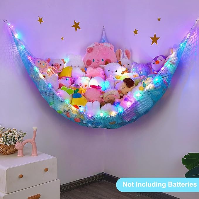 Unicorn Castle Stuffed Animals Net or Hammock Kids Toy Storage Organizer with LED Light Hanging Corner Stuffed Animals Holder Kids Girls Room Decor,Blue,XL-Large-Pack of 1