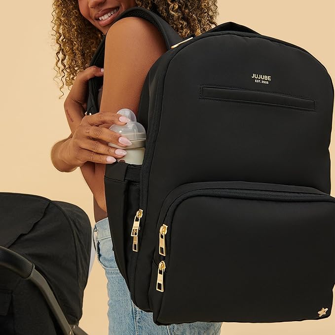 JuJuBe New Classic Diaper Bag Backpack with Portable Changing Pad, Stroller Straps, Large Travel Backpack for Boy or Girl, Carrying Baby Bottles, Wipes, Diapers, Pacifiers, Black, Mothers Day GIft