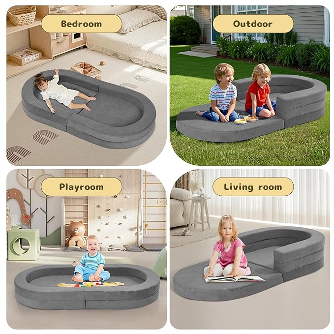 Travel Toddler Bed, 3-in-1 Portable Foldable Toddler Chair,Soft Foam Floor Bed Lounger with Washable Cover,Grey