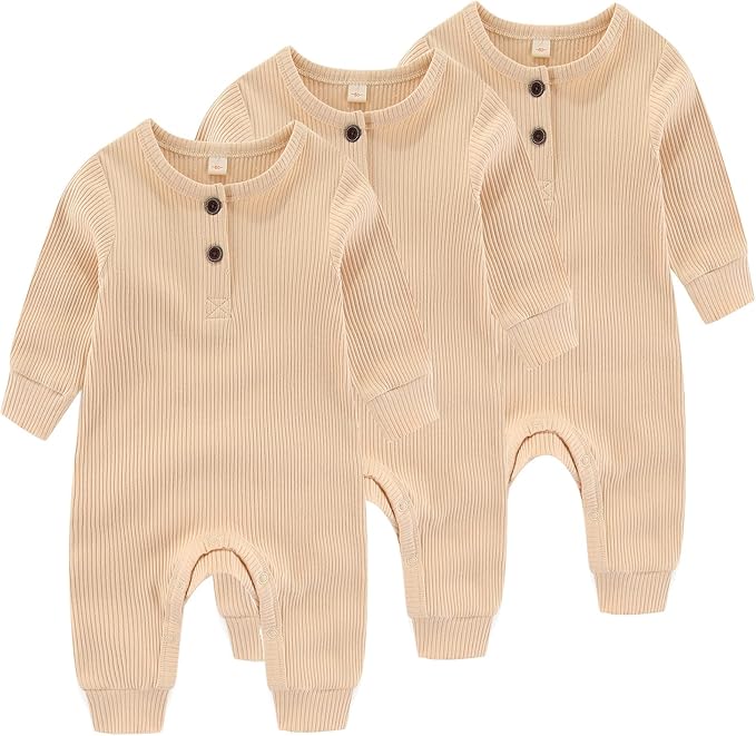 Newborn Baby Boys Girls One Piece Romper With Mitten Cuffs 3 Pack Long Sleeve Ribbed Button Jumpsuit Outfit Clothes