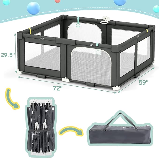 Tolead Foldable Playpen for Babies and Toddlers, 72" x 59" Extra Large Collapsible Play Pen with Basket, 4 Handlers & 50 Ocean Balls, Portable Travel Play Yard with Carry Bag, No Installation, Grey