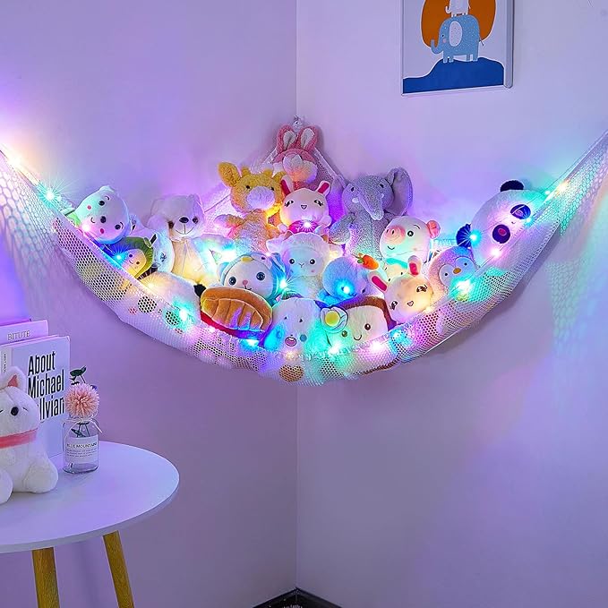 Unicorn Castle Stuffed Animals Net or Hammock Kids Toy Storage Organizer with LED Light Hanging Corner Stuffed Animals Holder Kids Girls Room Decor (Pack of 1)