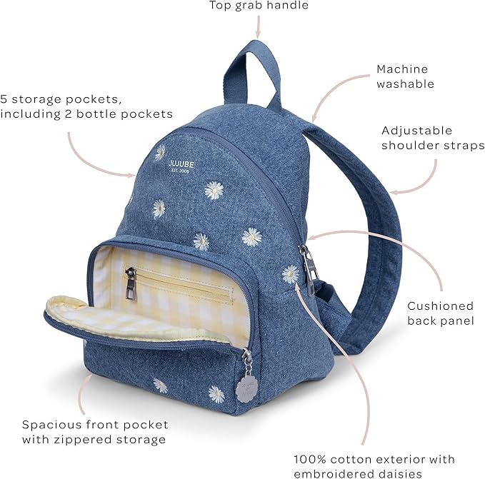 JuJuBe Mini Diaper Bag Backpack, Machine Washable Travel Backpack w/Adjustable Straps & 2 Pockets for Baby Bottles, Diapers, Pacifiers, Snacks, Changing Pad & Daily Essentials, Denim & Daisies (Blue)
